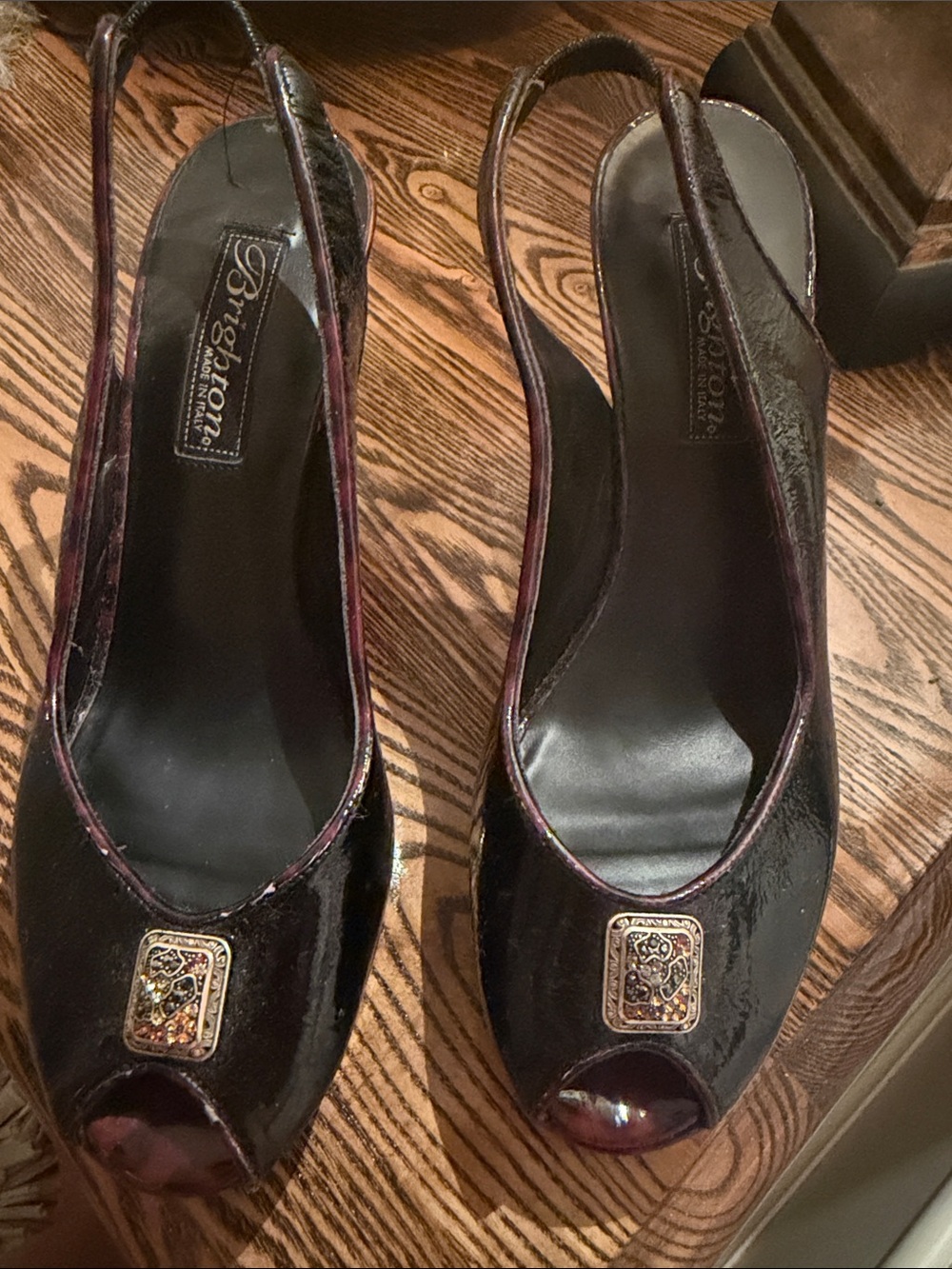 Brighton Women's Black Patent Peep-Toe Slingback Heels with Gold Medallion